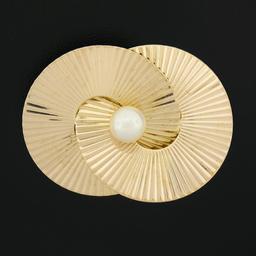 Retro Vintage Krementz 14k Gold Grooved Interlocking Round Disc Pearl Pin Brooch