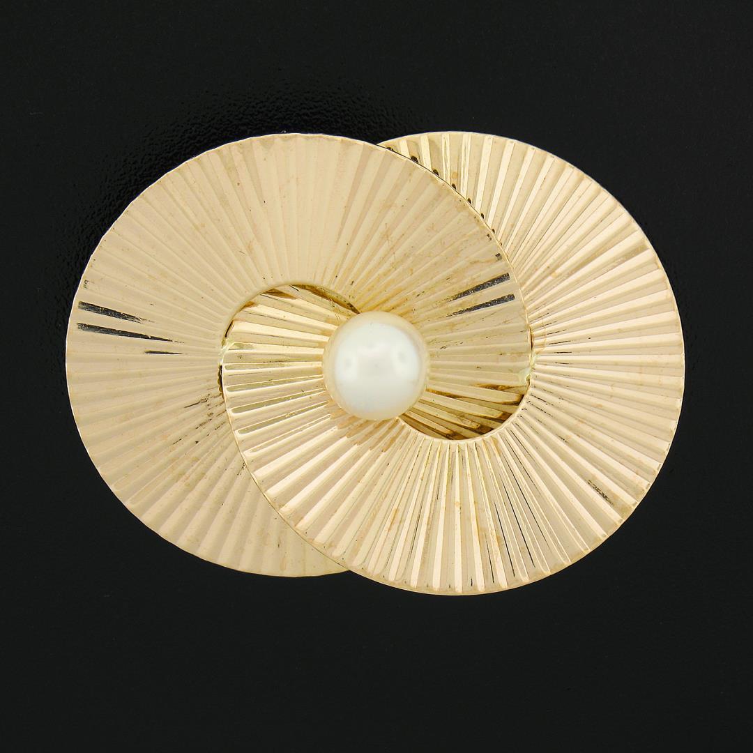 Retro Vintage Krementz 14k Gold Grooved Interlocking Round Disc Pearl Pin Brooch