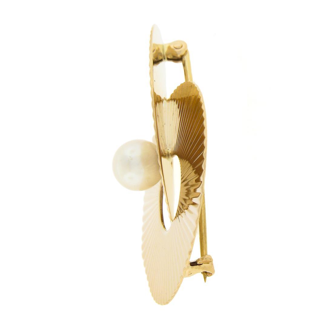 Retro Vintage Krementz 14k Gold Grooved Interlocking Round Disc Pearl Pin Brooch