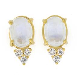 14K Yellow Gold Oval Cabochon Blue Moonstone Diamond Cluster Drop Stud Earrings