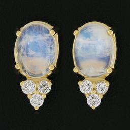 14K Yellow Gold Oval Cabochon Blue Moonstone Diamond Cluster Drop Stud Earrings