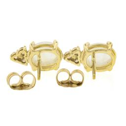 14K Yellow Gold Oval Cabochon Blue Moonstone Diamond Cluster Drop Stud Earrings