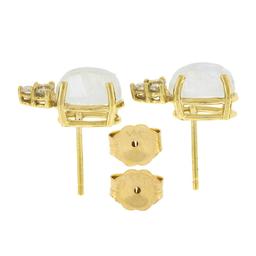 14K Yellow Gold Oval Cabochon Blue Moonstone Diamond Cluster Drop Stud Earrings