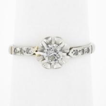 Antique Edwardian French 18k White Gold & Platinum Round Diamond Engagement Ring