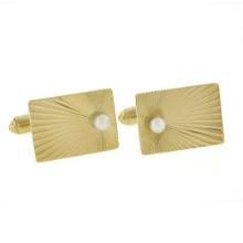 Vintage 14K Gold Rectangular Sunburst Fluted Finish Cuff Links w/ Bead Pearl
