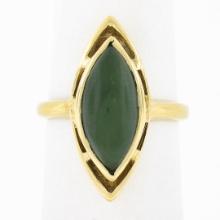 14K Yellow Gold Bezel Marquise Cabochon Jade Open Frame Simple Solitaire Ring