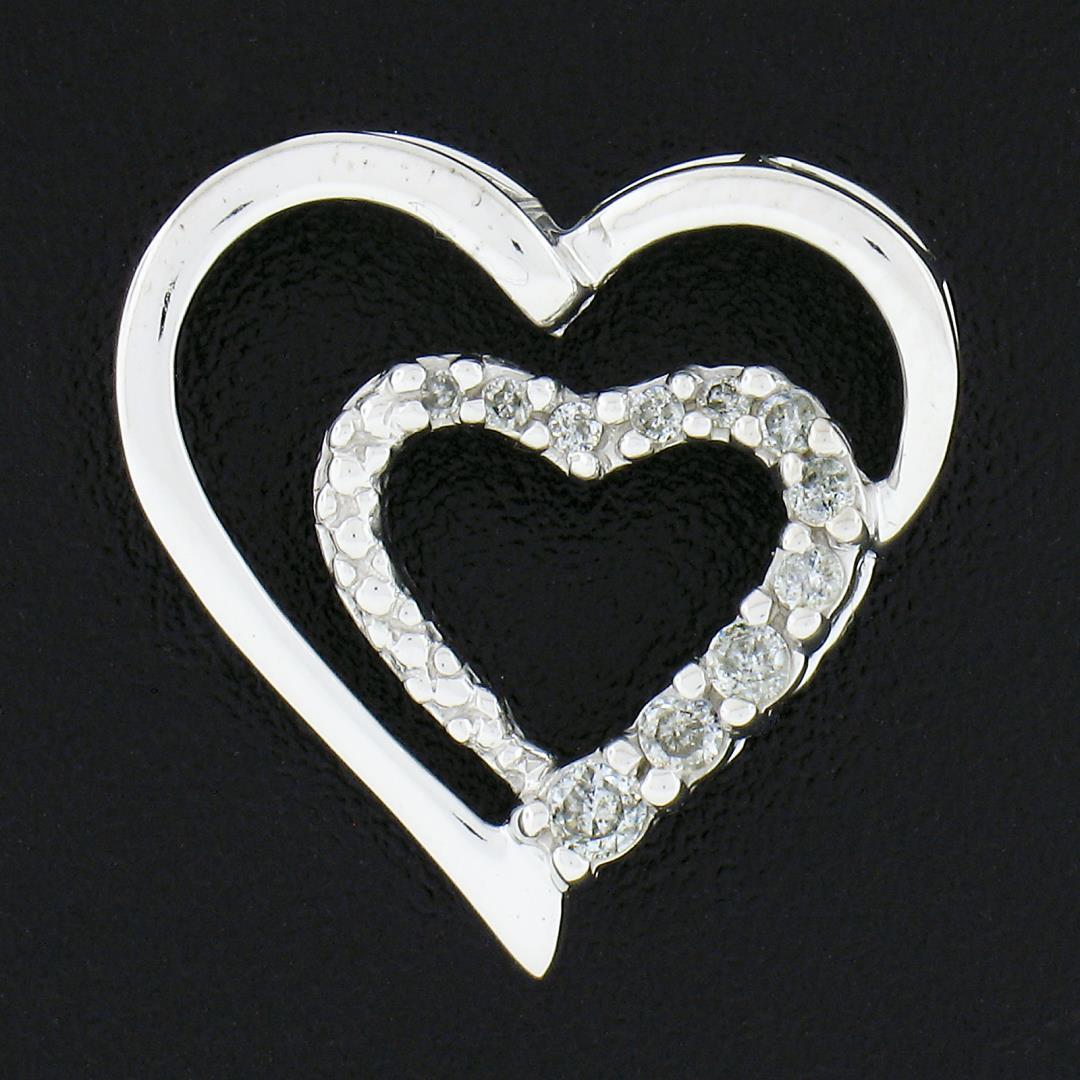 10K White Gold 0.12 ctw Round Prong Diamond Polished Dual Open Heart Slide Penda