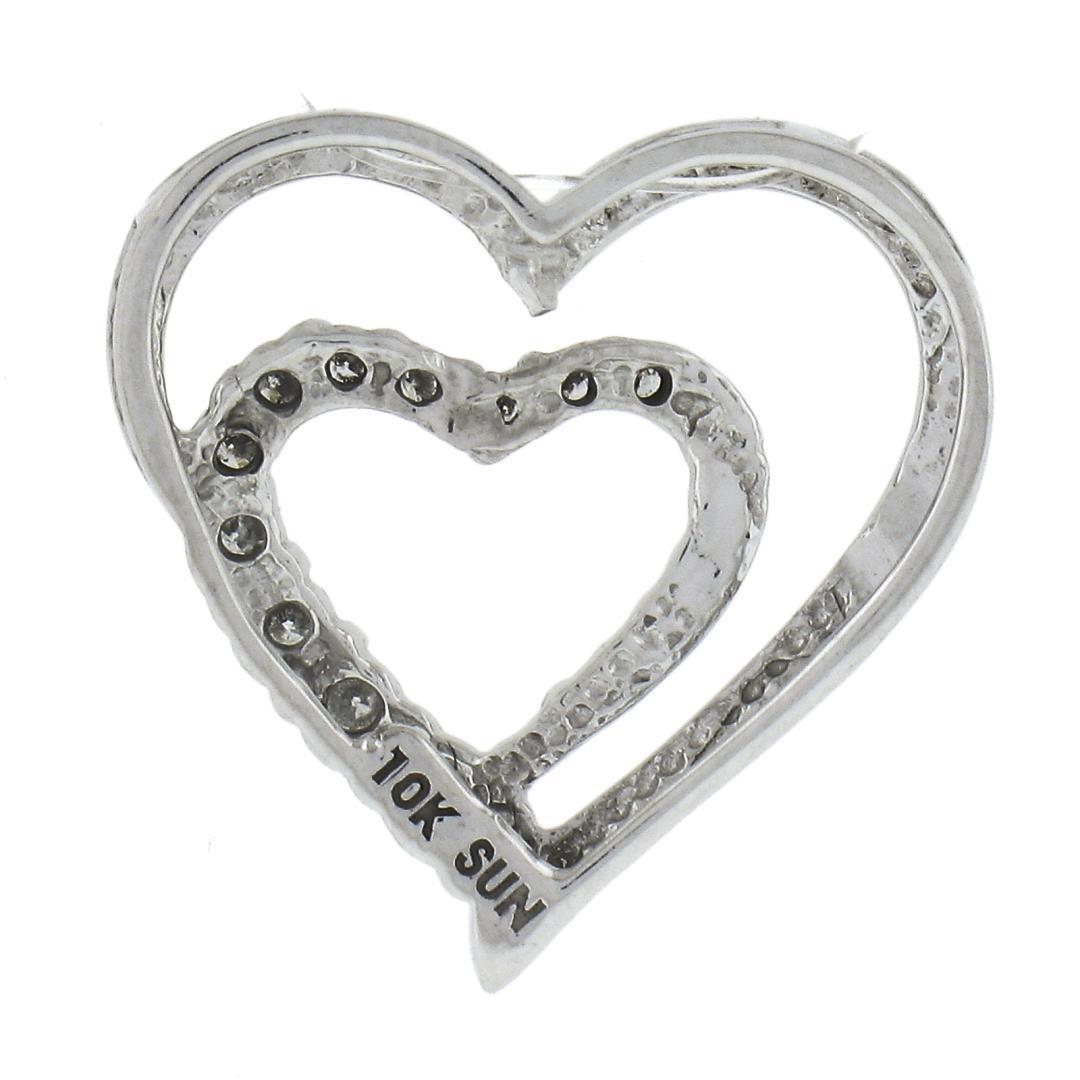 10K White Gold 0.12 ctw Round Prong Diamond Polished Dual Open Heart Slide Penda