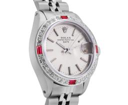 Rolex Ladies Stainless Steel Silver Index Diamond And Ruby Rolex Date Wristwatch