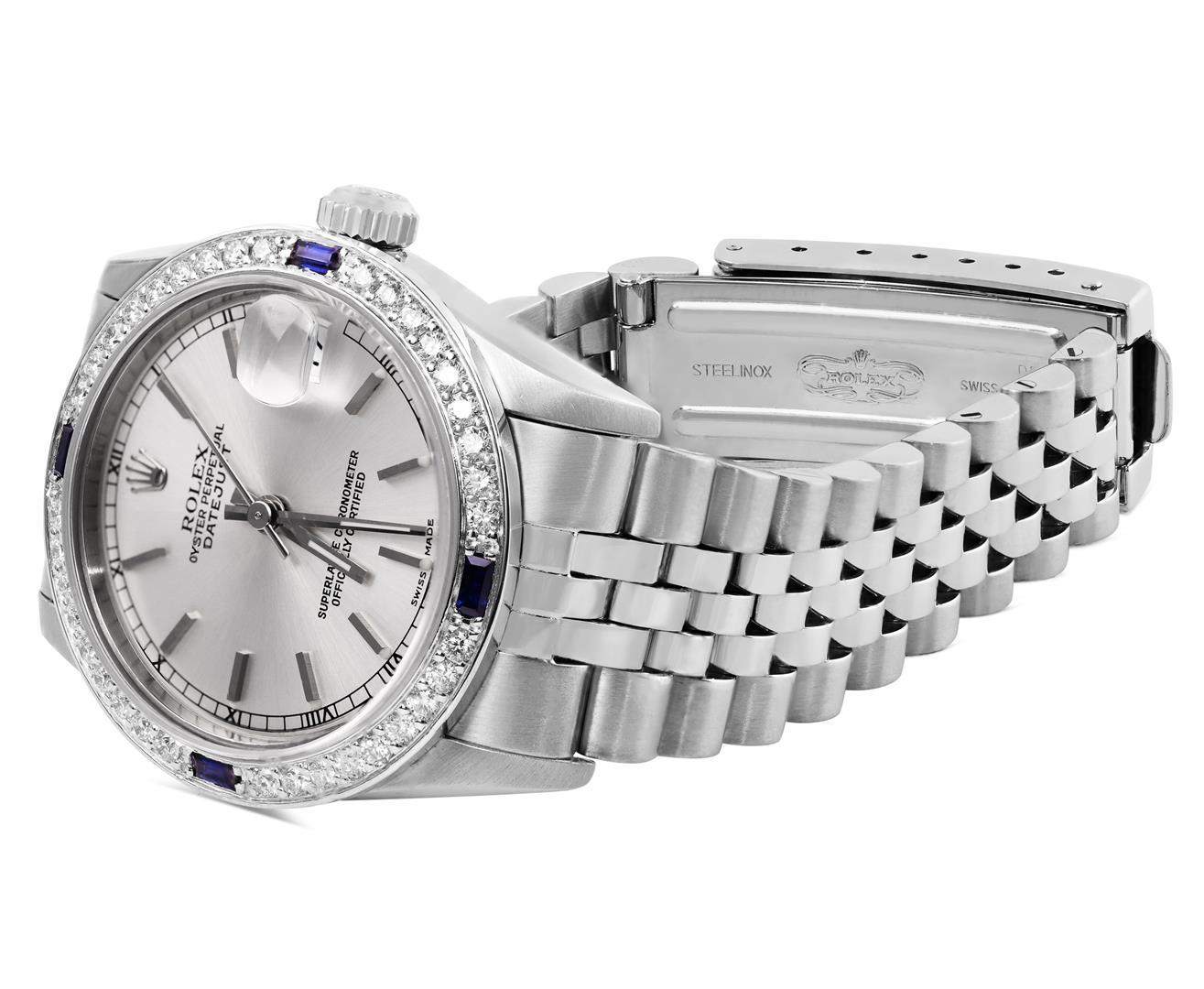 Rolex Midsize 31MM Quickset Stainless Steel Silver Index 18K Diamond And Sapphir
