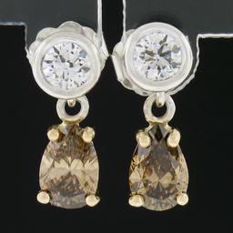 New 14K TT Gold 1.42 ctw Fancy Brown & White Diamond Tear Drop Dangle Earrings