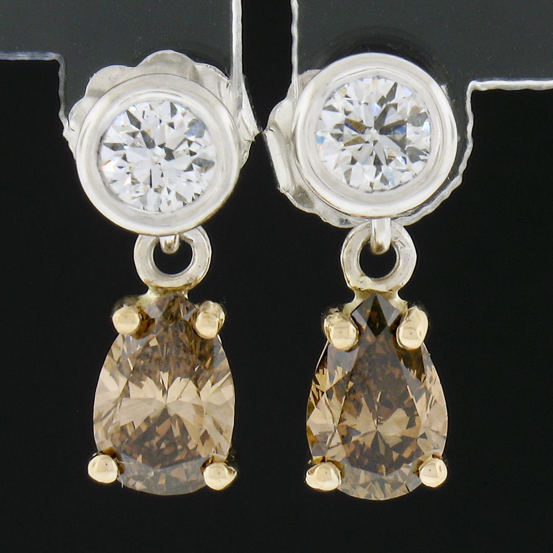 New 14K TT Gold 1.42 ctw Fancy Brown & White Diamond Tear Drop Dangle Earrings