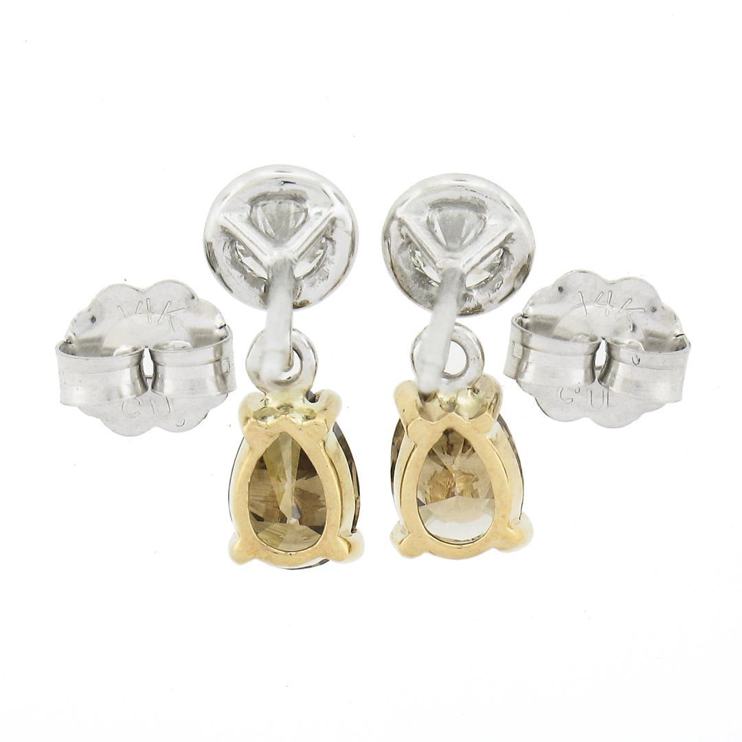 New 14K TT Gold 1.42 ctw Fancy Brown & White Diamond Tear Drop Dangle Earrings