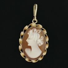 Vintage 14k Gold Bezel Carved Shell Oval Cameo Twisted Wire Frame Charm Pendant