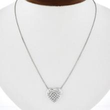 14k White Gold 0.50 ctw Pave Diamond Heart w/ Polished Frame Pendant 18 Necklace