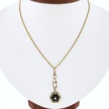 Vintage 14K Gold Black Onyx, Pearl & White Topaz Lavalier Pendant w/ Chain