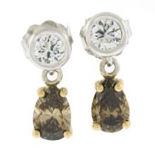 New 14K TT Gold 1.42 ctw Fancy Brown & White Diamond Tear Drop Dangle Earrings