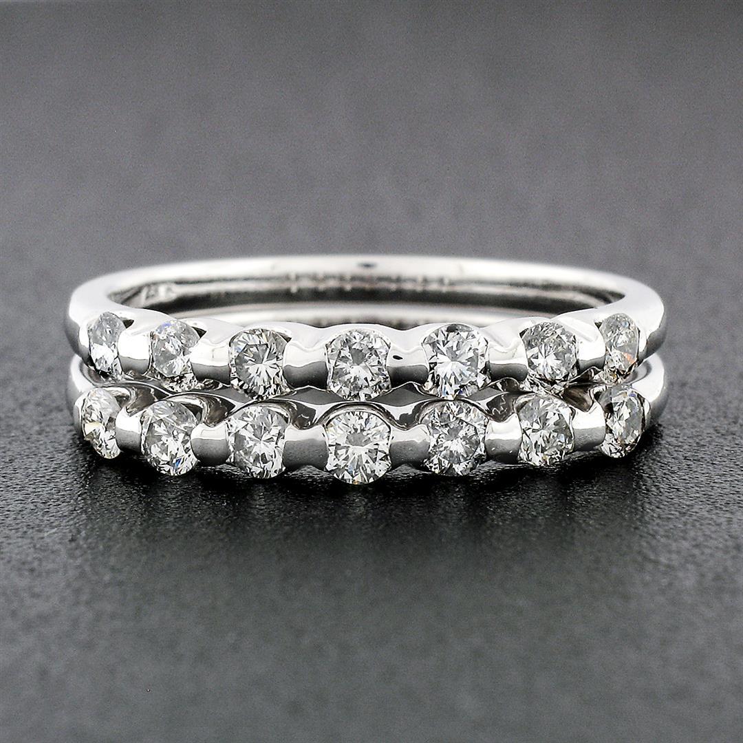 Pair of 14k White Gold 1.00 ctw Bar Set Round Brilliant Diamond Band Guard Rings