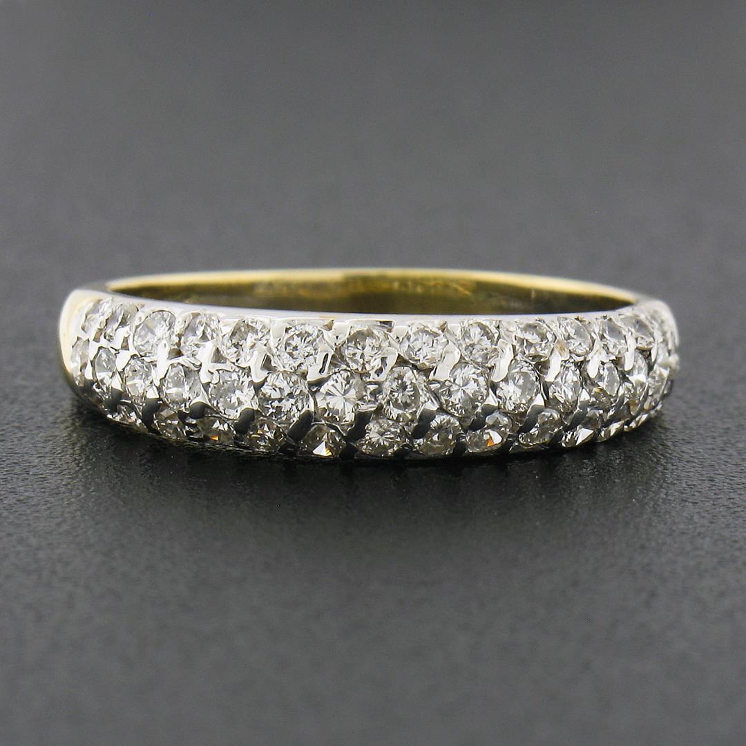 18K TT Gold 0.65 ctw Round Pave 3 Row Diamond Domed Stackable Wedding Band Ring