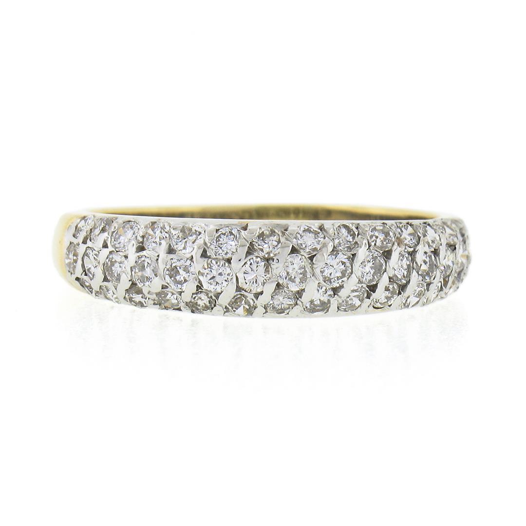 18K TT Gold 0.65 ctw Round Pave 3 Row Diamond Domed Stackable Wedding Band Ring