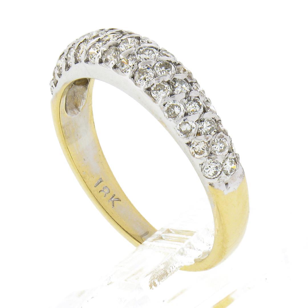 18K TT Gold 0.65 ctw Round Pave 3 Row Diamond Domed Stackable Wedding Band Ring