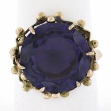 Vintage 12k Gold 15mm Round Synthetic Purple Stone Solitaire Ring w/ Bead Frame