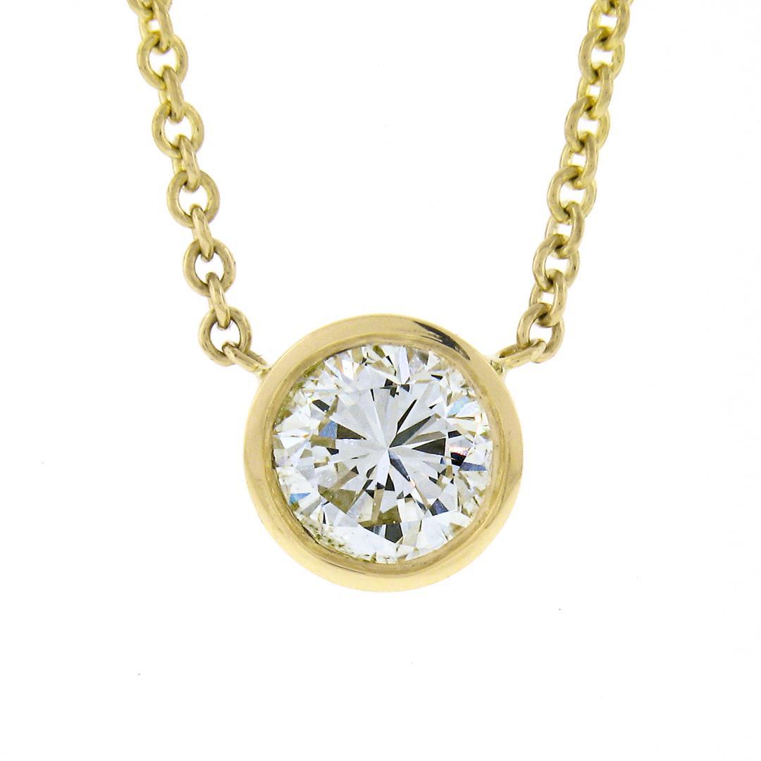 NEW 14k Yellow Gold .60 ctw Round Bezel Diamond Solitaire Pendant Adjustable Cha
