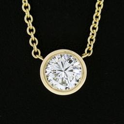 NEW 14k Yellow Gold .60 ctw Round Bezel Diamond Solitaire Pendant Adjustable Cha