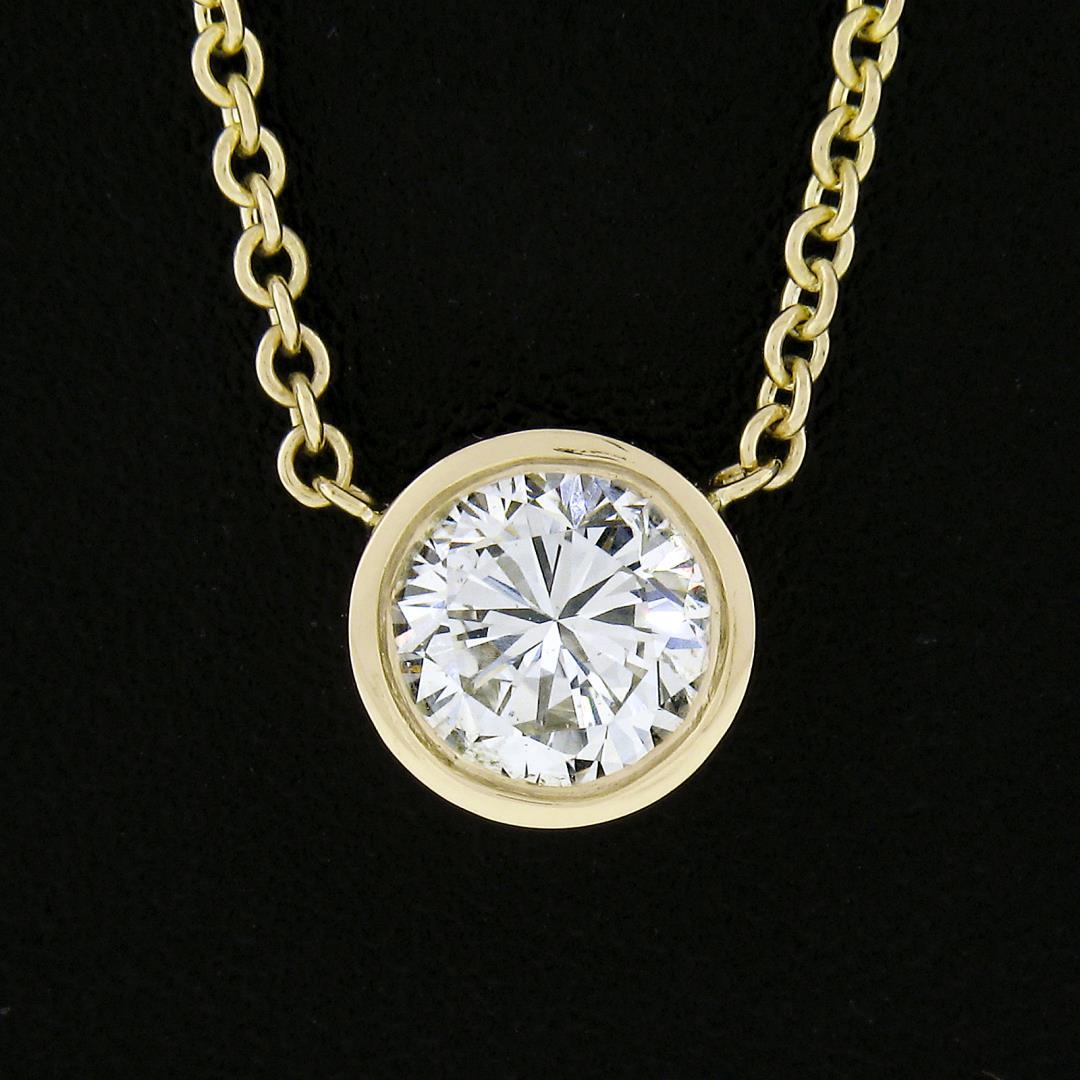 NEW 14k Yellow Gold .60 ctw Round Bezel Diamond Solitaire Pendant Adjustable Cha