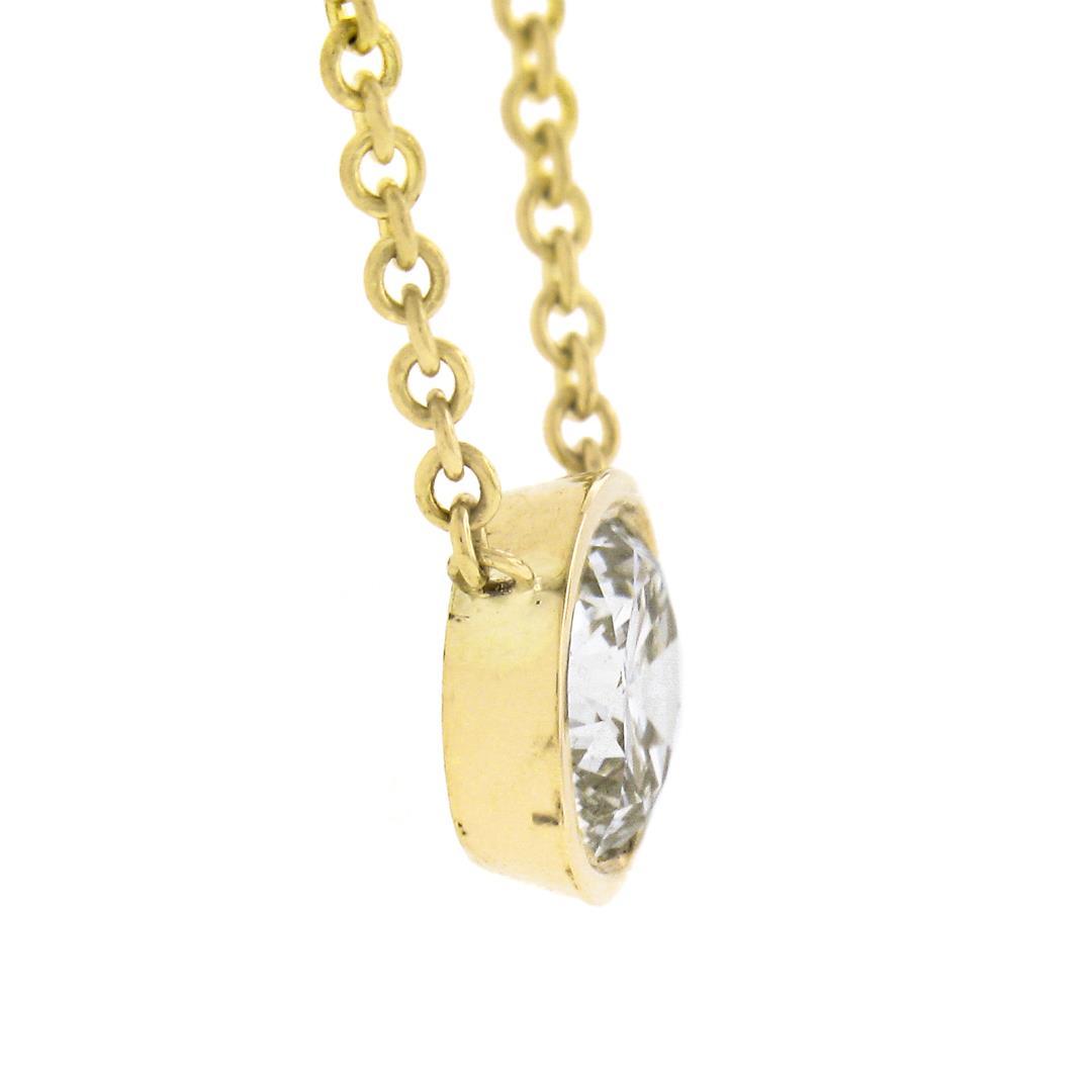 NEW 14k Yellow Gold .60 ctw Round Bezel Diamond Solitaire Pendant Adjustable Cha