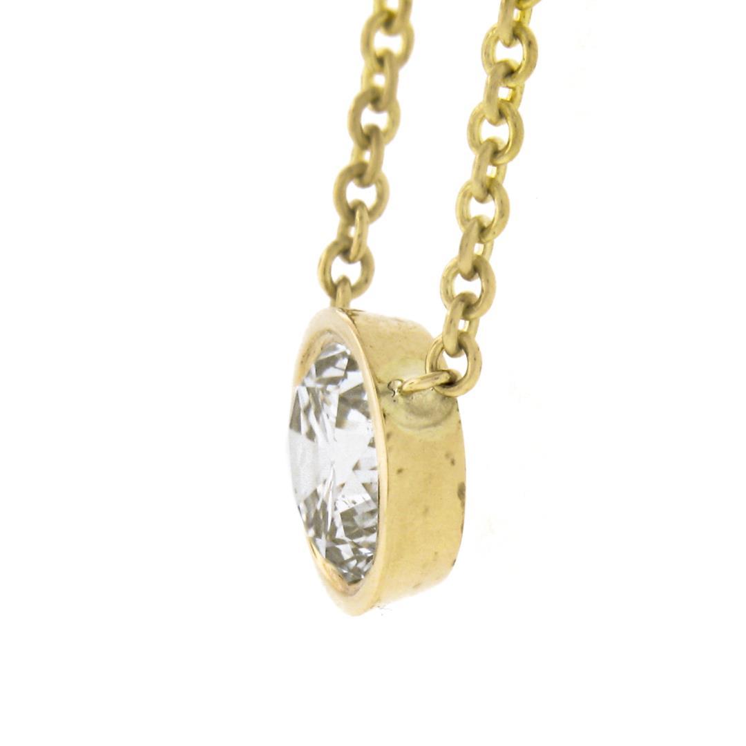 NEW 14k Yellow Gold .60 ctw Round Bezel Diamond Solitaire Pendant Adjustable Cha