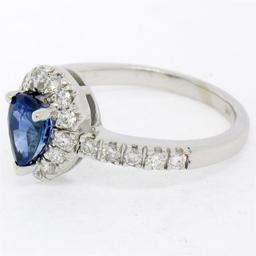 14k White Gold 1.33 ctw FINE Pear Sapphire Solitaire Ring w/ Round Diamond Halo