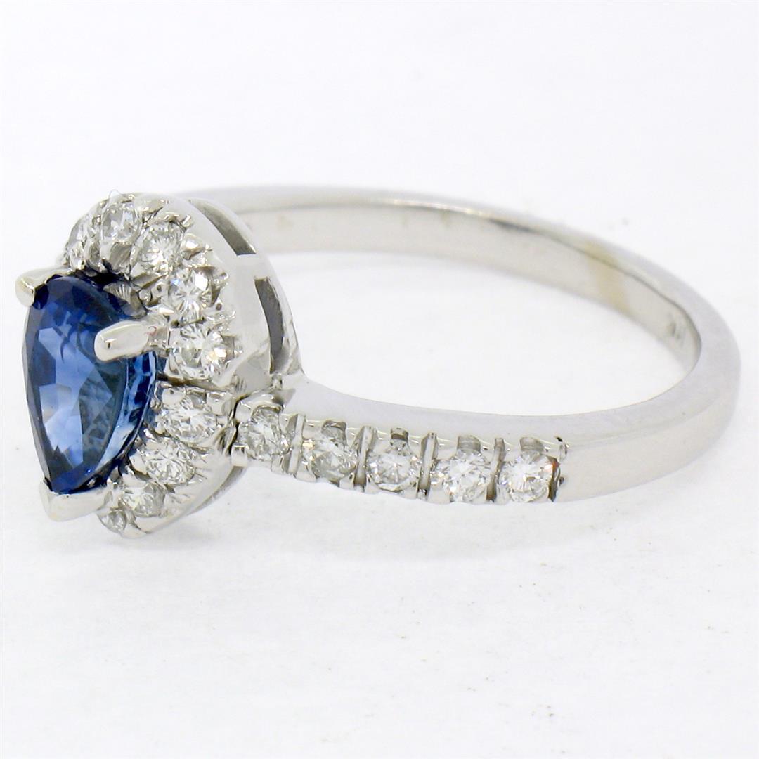 14k White Gold 1.33 ctw FINE Pear Sapphire Solitaire Ring w/ Round Diamond Halo