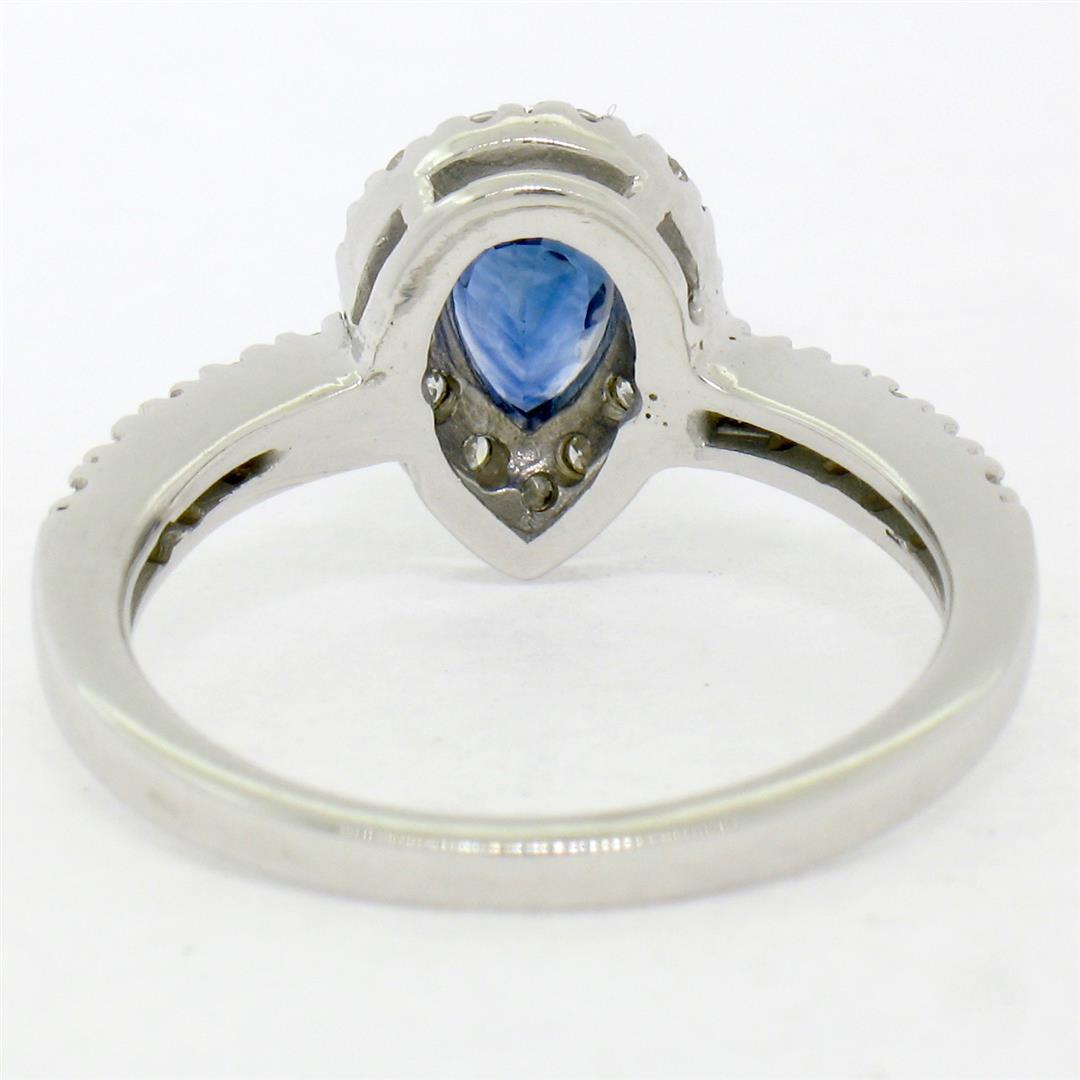 14k White Gold 1.33 ctw FINE Pear Sapphire Solitaire Ring w/ Round Diamond Halo