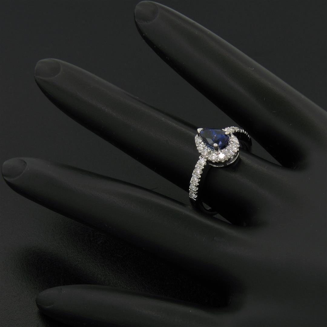 14k White Gold 1.33 ctw FINE Pear Sapphire Solitaire Ring w/ Round Diamond Halo