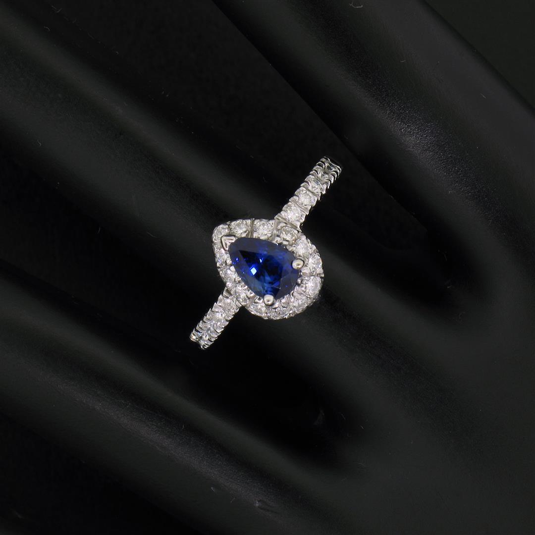 14k White Gold 1.33 ctw FINE Pear Sapphire Solitaire Ring w/ Round Diamond Halo