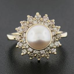 14K Yellow Gold 7.6mm Pearl Solitaire Ring w/ .85 ctw Fancy Diamond 2 Row Halo