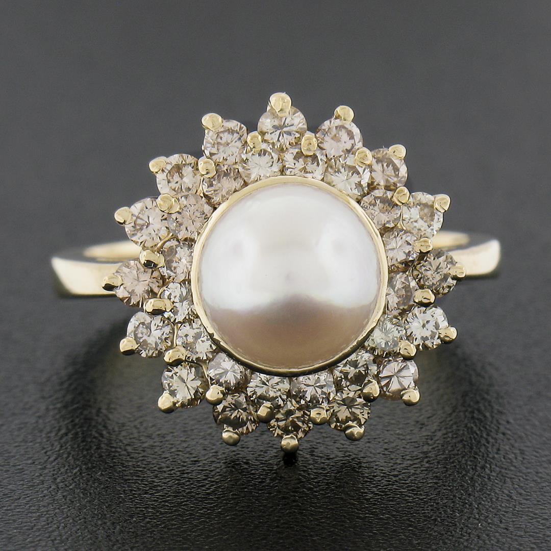 14K Yellow Gold 7.6mm Pearl Solitaire Ring w/ .85 ctw Fancy Diamond 2 Row Halo