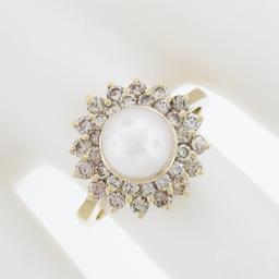 14K Yellow Gold 7.6mm Pearl Solitaire Ring w/ .85 ctw Fancy Diamond 2 Row Halo