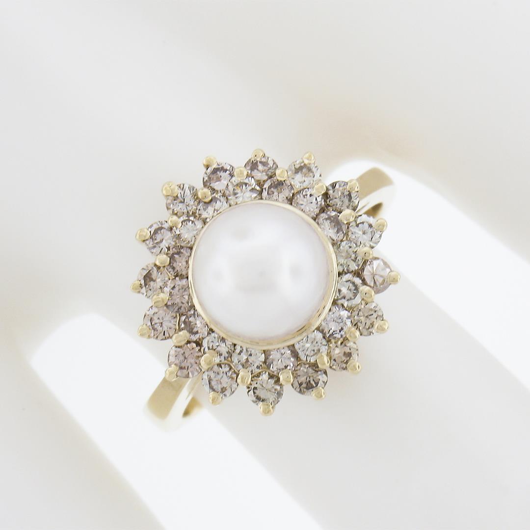 14K Yellow Gold 7.6mm Pearl Solitaire Ring w/ .85 ctw Fancy Diamond 2 Row Halo