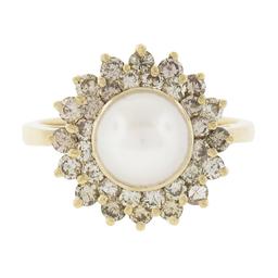 14K Yellow Gold 7.6mm Pearl Solitaire Ring w/ .85 ctw Fancy Diamond 2 Row Halo