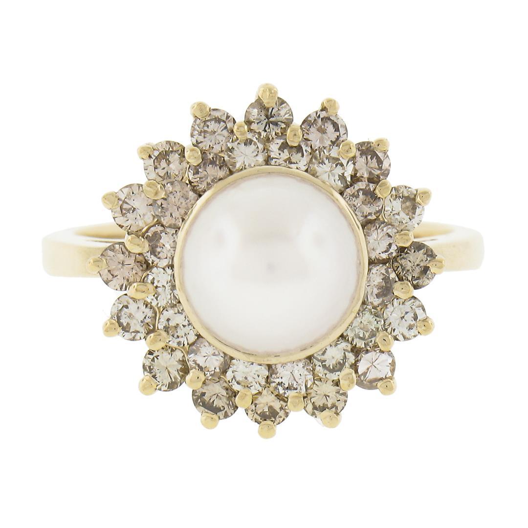 14K Yellow Gold 7.6mm Pearl Solitaire Ring w/ .85 ctw Fancy Diamond 2 Row Halo