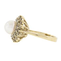 14K Yellow Gold 7.6mm Pearl Solitaire Ring w/ .85 ctw Fancy Diamond 2 Row Halo