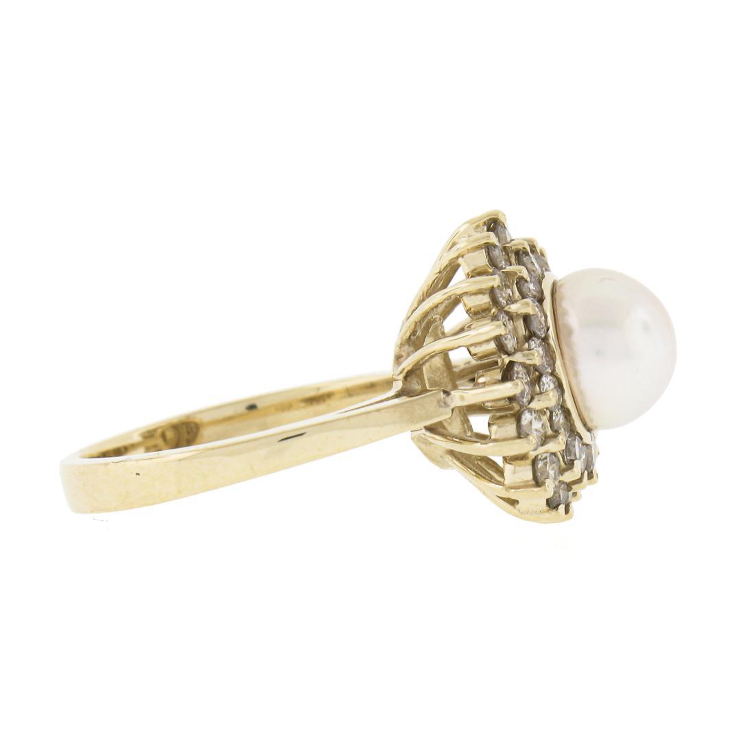 14K Yellow Gold 7.6mm Pearl Solitaire Ring w/ .85 ctw Fancy Diamond 2 Row Halo