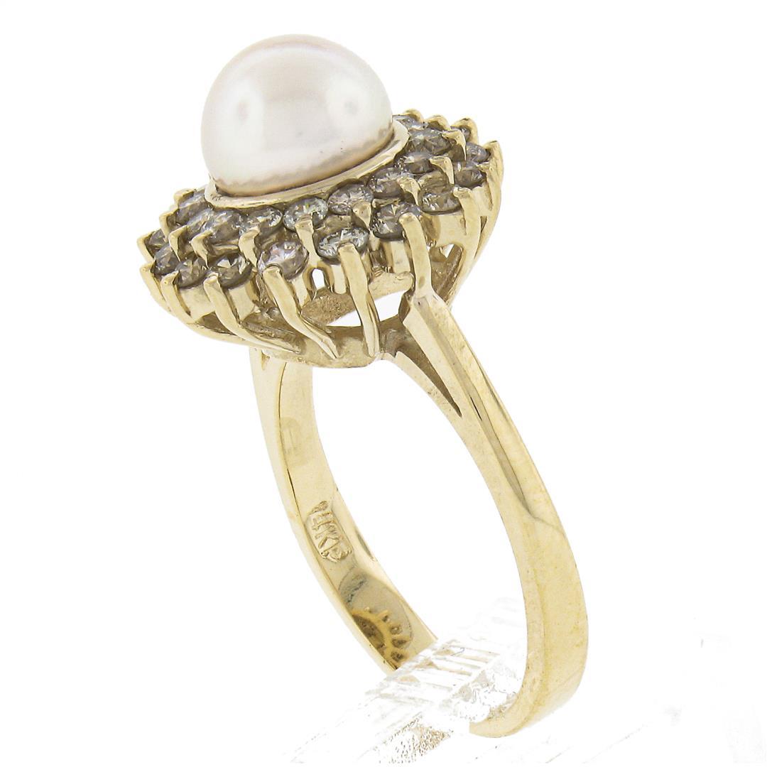 14K Yellow Gold 7.6mm Pearl Solitaire Ring w/ .85 ctw Fancy Diamond 2 Row Halo