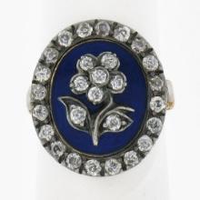 Antique Georgian Gold & Silver Oval Blue Enamel Old Cut Diamond Flower Halo Ring