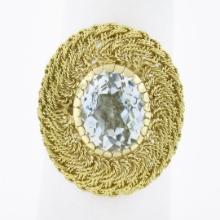 Vintage 18K Gold Oval Aquamarine Solitaire Braided Hand Wire Work Cocktail Ring