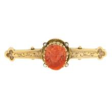 Antique Victorian 14k Gold GIA Carved Coral Cameo Hand Engraved Bar Brooch Pin