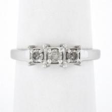 14k White Gold 0.22 ctw Round Prong Diamond Squared Setting 3 Stone Promise Ring