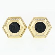 Vintage Large 18k Gold Black Onyx Intaglio.75 ctw Round Diamond Hexagon Earrings